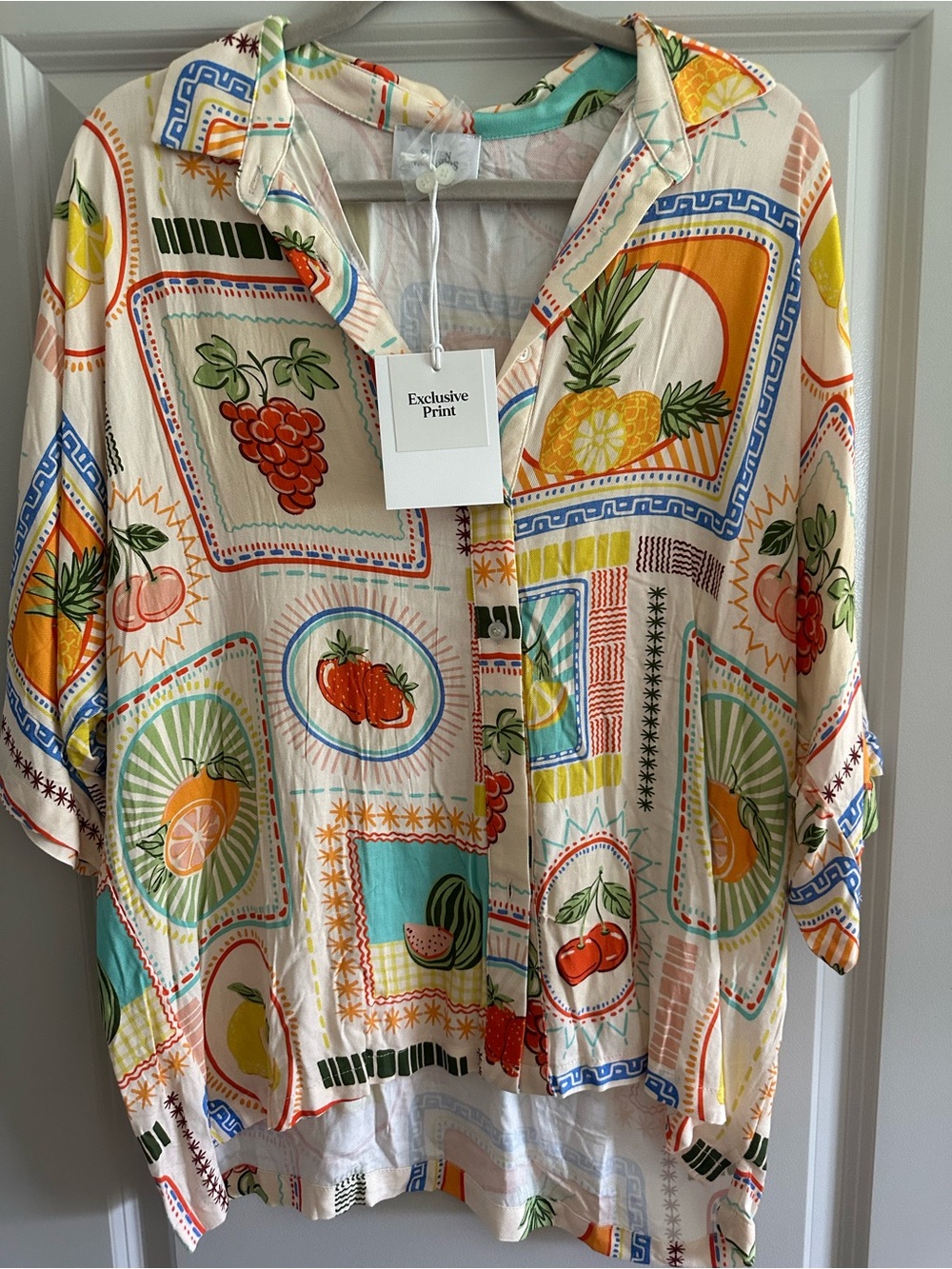 Exclusive Print Women's Button-Down Shirt in Multi Fruit Print